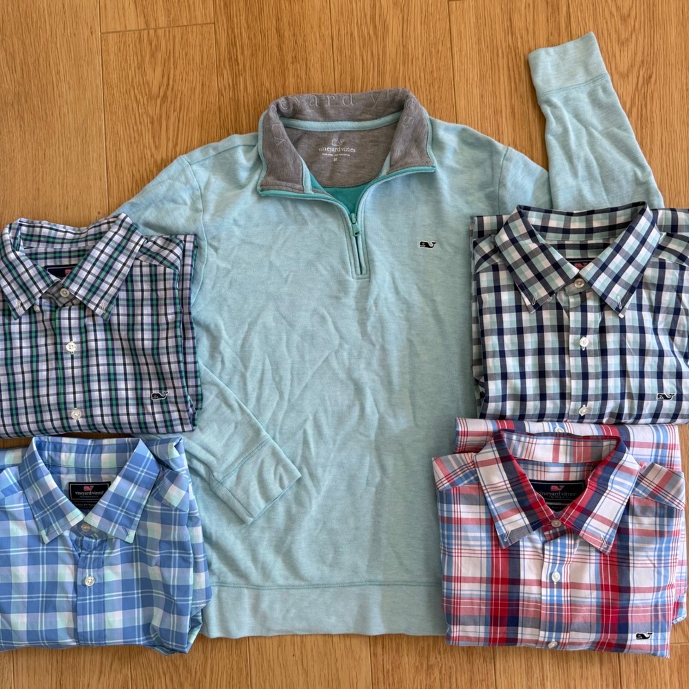 5 Vineyard Vines Button Down Shirt Mens M Slim Fit Whale Plaid 1/4 zip pullover